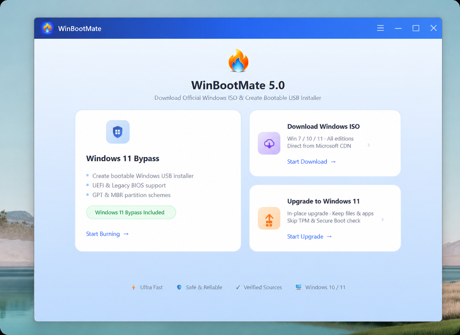 WinBootMate 5.0 desktop software home screen, showing Windows 11 Bypass, Windows ISO download, and upgrade options